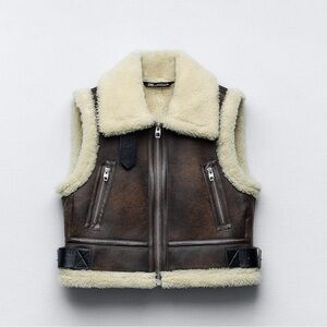 ZARA Brown and Cream Shearling Vest